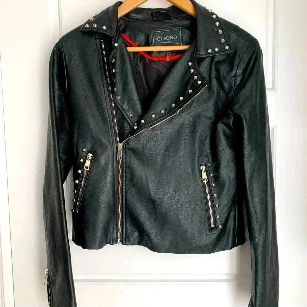 Faux black leather studded moto jacket-  Sz Small